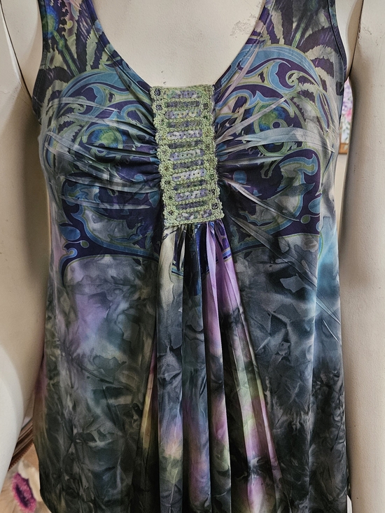 ONE WORLD Tops - ONE WORLD Sleeveless V-Neck Blouse in Purple & Teal with Green Crochet Accent